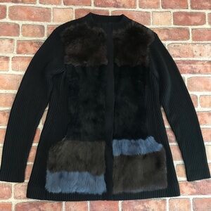 Nanette Lepore Black Wool Blend Knit Zip-Up Sweater Cardigan Blk/Brn/Blue Fur LG